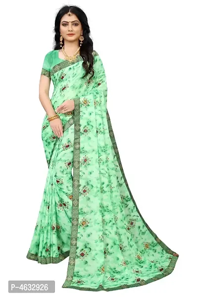 Womens Beautiful Green Printed Georgette Saree with Blouse piece