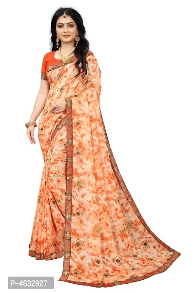 Women's Beautiful Orange Printed Georgette Saree with Blouse piece