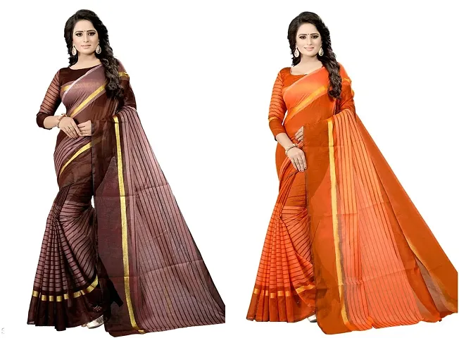 Pack of 2 Striped Chanderi Cotton Sarees with Blouse piece