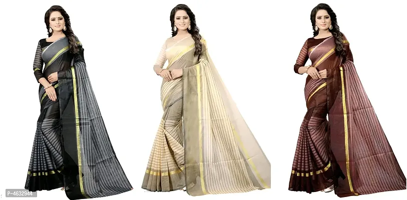 Women's Beautiful Multicoloured Striped Chanderi Cotton Saree with Blouse piece (Pack of 3)