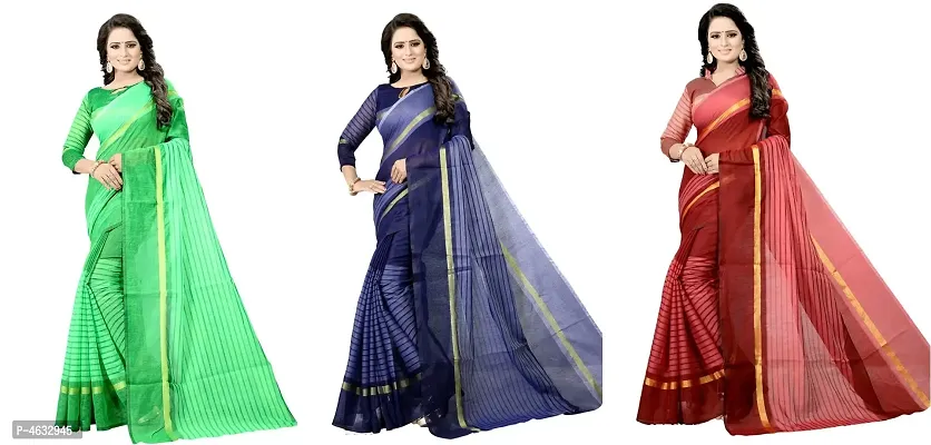 Women's Beautiful Multicoloured Striped Chanderi Cotton Saree with Blouse piece (Pack of 3)-thumb0