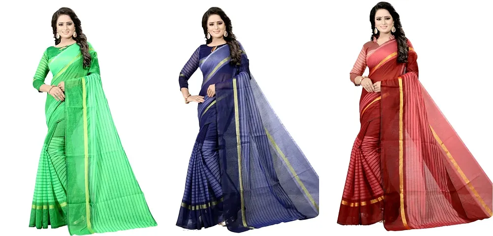 Pack Of 3 Beautiful Multicoloured Striped Chanderi Cotton Saree with Blouse piece