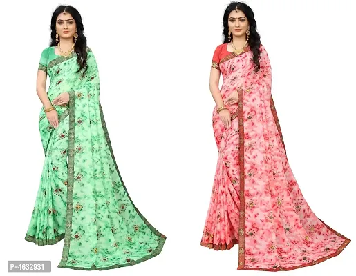 Women's Beautiful Multicoloured Printed Georgette Saree with Blouse piece (Pack of 2)-thumb0