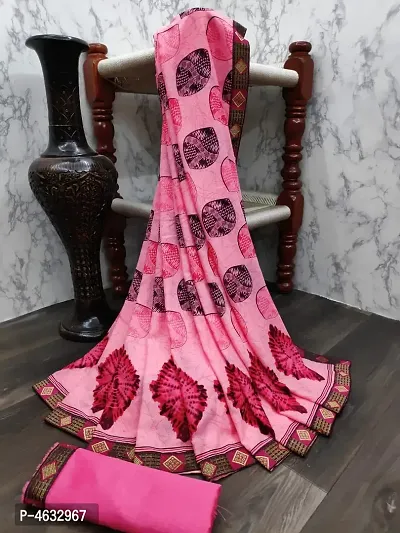 Womens Beautiful Pink Printed Georgette Saree with Blouse piece