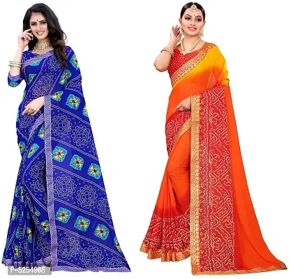 Stunning Multicoloured Georgette Printed Bandhani Women Saree with Blouse piece- Pack Of 2