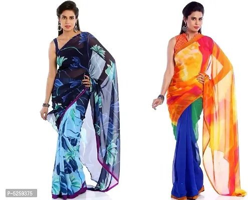 Alluring Multicoloured Georgette Printed Daily Wear Women Saree With Blouse Piece- Pack Of 2-thumb0