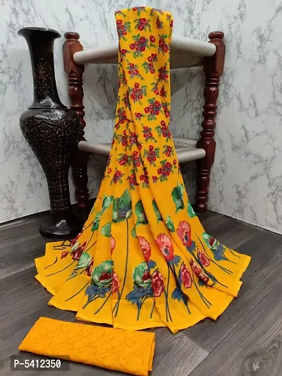 Stylish Georgette Yellow Floral Printed Saree With Blouse Piece