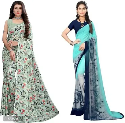 Stylish Georgette Printed Saree With Blouse Piece ( Pack Of 2 )-thumb0