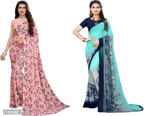 Stylish Georgette Printed Saree With Blouse Piece ( Pack Of 2 )-thumb0