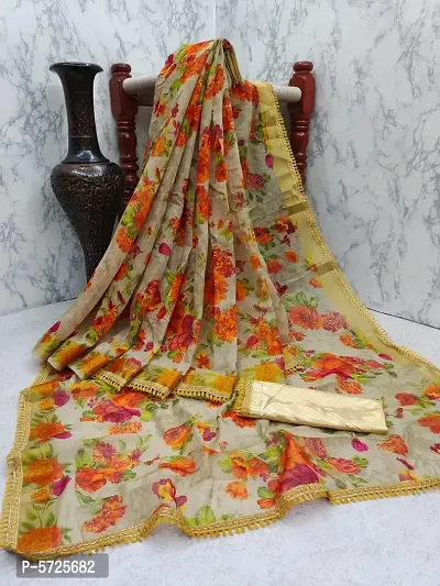 Women's Beige Linen Printed Saree with Blouse piece