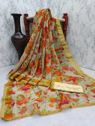 Linen Floral Printed Lace Border Sarees with Blouse piece