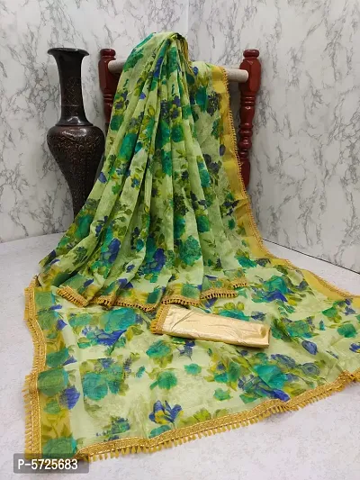 Women's Green Linen Printed Saree with Blouse piece