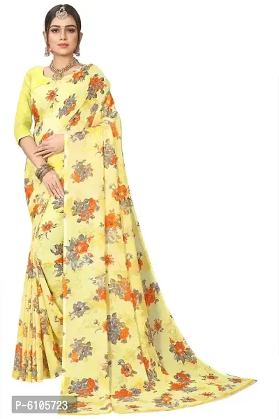 Stylish Yellow Georgette Printed Saree with Blouse piece For Women