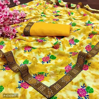 Stylish Georgette Yellow Floral Printed Saree With Blouse Piece