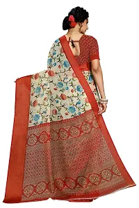 Stylish Linen Red Printed Saree With Blouse Piece For Women-thumb1