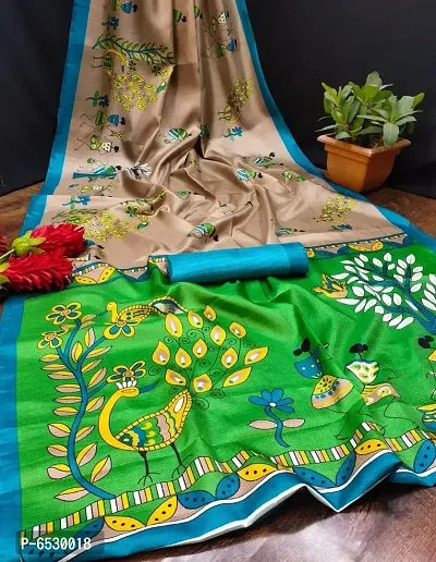 Stylish Mysore Silk Khaki Printed Saree With Blouse Piece For  Women-thumb0