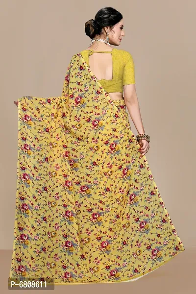 Stylish Georgette Printed Yellow Saree with Blouse piece For Women