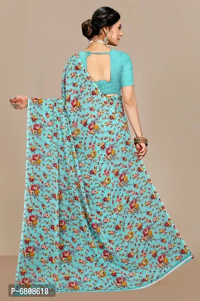 Stylish Georgette Printed Teal Saree with Blouse piece For Women