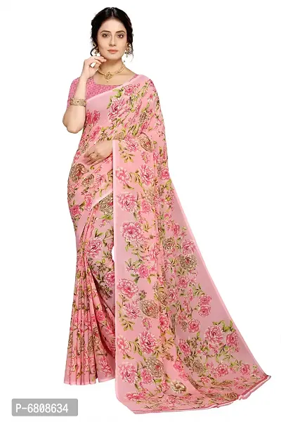 Stylish Georgette Printed Pink Saree with Blouse piece For Women