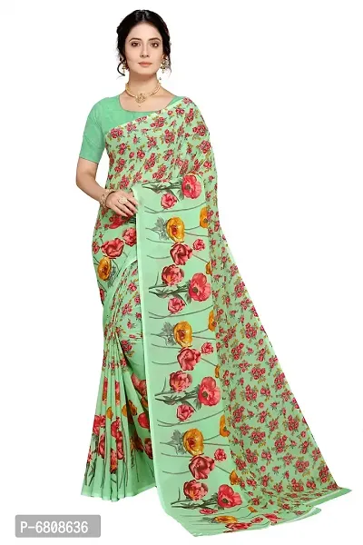 Stylish Georgette Printed Green Saree with Blouse piece For Women-thumb0