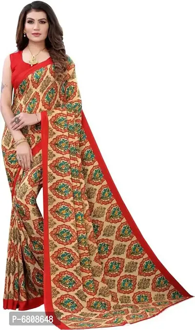 Stylish Georgette Printed Red Saree with Blouse piece For Women