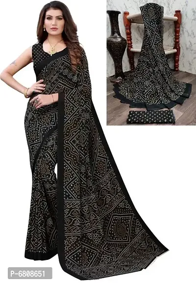 Stylish Georgette Printed Black Saree with Blouse piece For Women