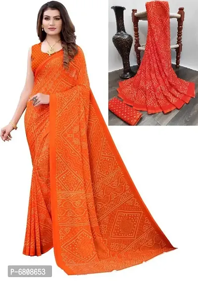 Stylish Georgette Printed Orange Saree with Blouse piece For Women-thumb0