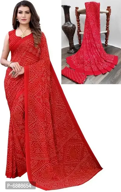 Stylish Georgette Printed Red Saree with Blouse piece For Women