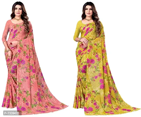 Stylish Georgette Pink And Mustard Printed Saree With Blouse Piece Combo For Women