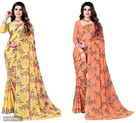 Stylish Georgette Yellow And Orange Printed Saree With Blouse Piece Combo For Women