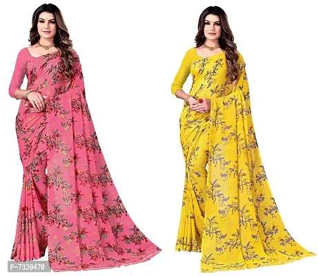 Stylish Georgette Yellow And Pink Printed Saree With Blouse Piece Combo For Women-thumb0