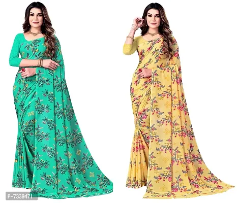 Stylish Georgette Yellow And Green Printed Saree With Blouse Piece Combo For Women-thumb0