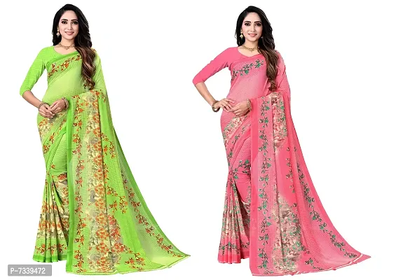 Stylish Georgette Pink And Green Printed Saree With Blouse Piece Combo For Women