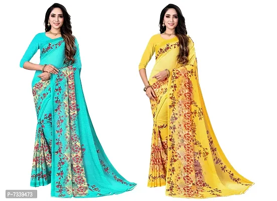 Stylish Georgette Sea Blue And Yellow Printed Saree With Blouse Piece Combo For Women