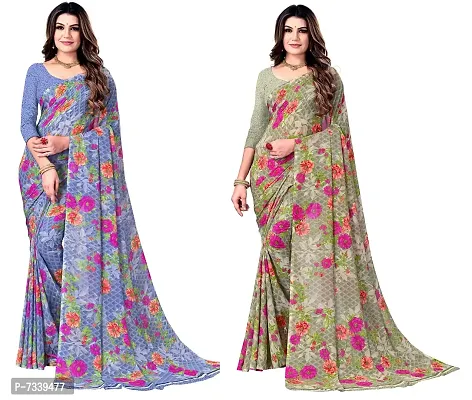 Stylish Georgette Grey And Green Printed Saree With Blouse Piece Combo For Women