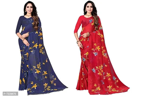 Stylish Georgette Navy Blue And Red Printed Saree With Blouse Piece Combo For Women