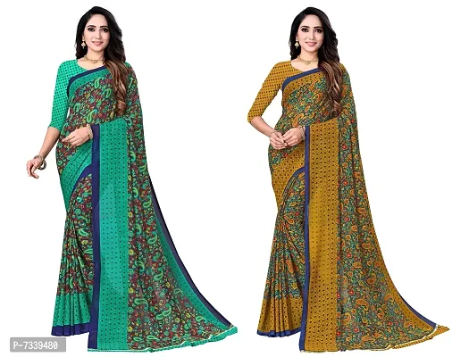 Stylish Georgette Rama Green And Green Printed Saree With Blouse Piece Combo For Women-thumb0