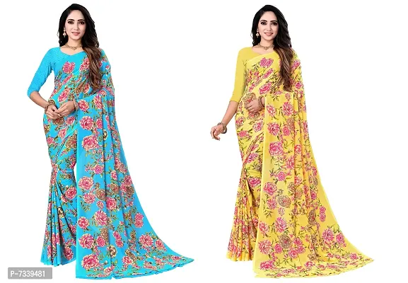 Stylish Georgette Sea Blue And Yellow Printed Saree With Blouse Piece Combo For Women