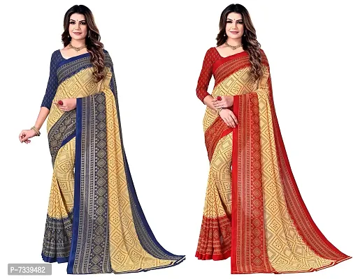 Stylish Georgette Navy Blue And Red Printed Saree With Blouse Piece Combo For Women