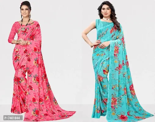 Elegant Georgette Printed Saree With Blouse Piece For Women- Pack Of 2