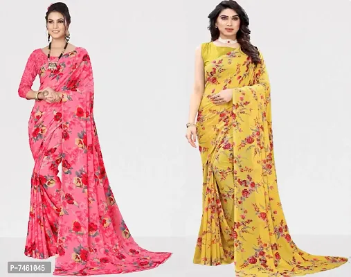 Elegant Georgette Printed Saree With Blouse Piece For Women- Pack Of 2