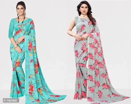 Elegant Georgette Printed Saree With Blouse Piece For Women- Pack Of 2