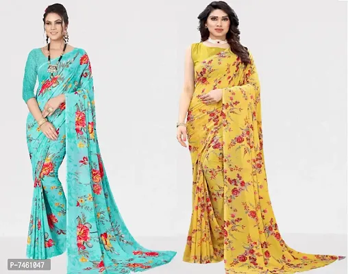 Elegant Georgette Printed Saree With Blouse Piece For Women- Pack Of 2