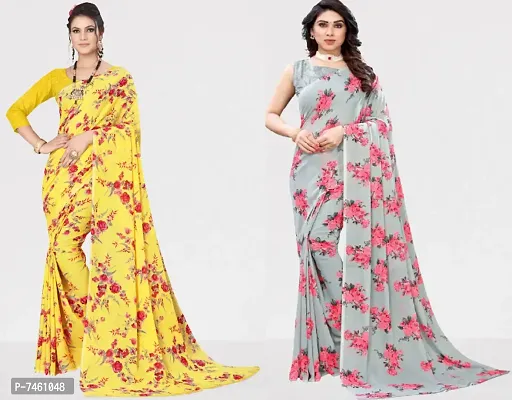 Elegant Georgette Printed Saree With Blouse Piece For Women- Pack Of 2