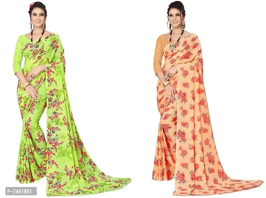 Elegant Georgette Printed Saree With Blouse Piece For Women- Pack Of 2