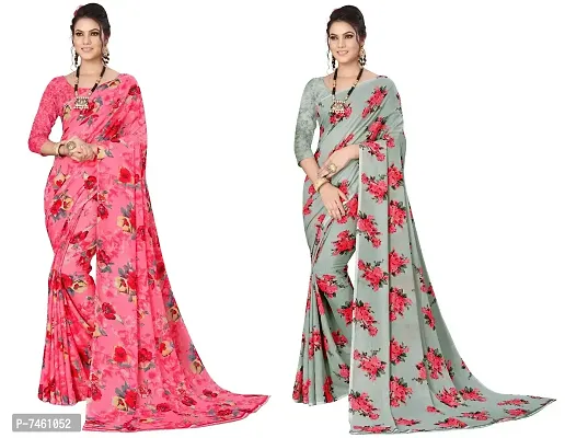 Elegant Georgette Printed Saree With Blouse Piece For Women- Pack Of 2