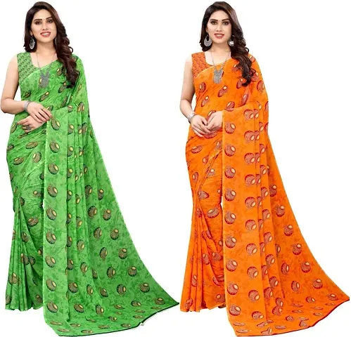 Pack Of 2 Georgette Printed Sarees With Blouse Piece