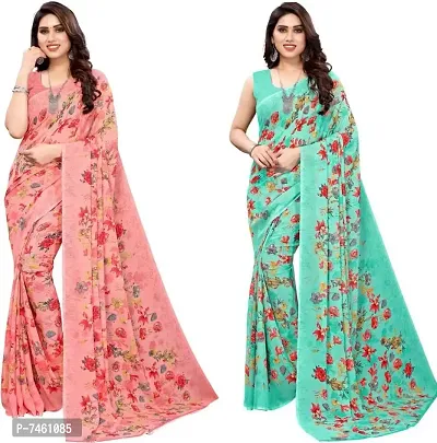 Elegant Georgette Printed Saree With Blouse Piece For Women- Pack Of 2