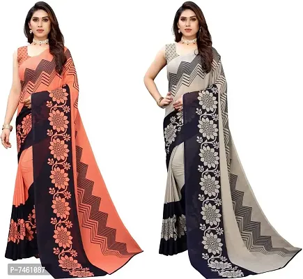 Elegant Georgette Printed Saree With Blouse Piece For Women- Pack Of 2