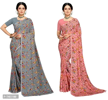 Elegant Georgette Printed Saree With Blouse Piece For Women- Pack Of 2